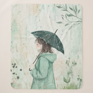 Girl with Teal Umbrella Rainy Garden (2) Sherpa Blanket