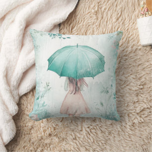 Girl with Teal Umbrella Rainy Garden Cushion