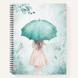 Girl with Teal Umbrella Rainy Garden Notebook