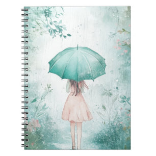 Girl with Teal Umbrella Rainy Garden Notebook