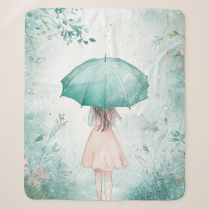 Girl with Teal Umbrella Rainy Garden Sherpa Blanket