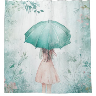 Girl with Teal Umbrella Rainy Garden Shower Curtain