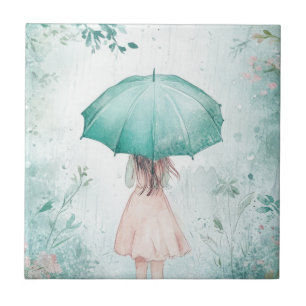 Girl with Teal Umbrella Rainy Garden Tile