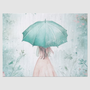 Girl with Teal Umbrella Rainy Garden Tissue Paper