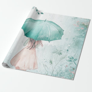 Girl with Teal Umbrella Rainy Garden Wrapping Paper