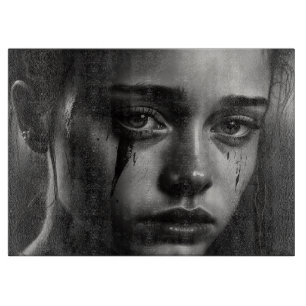 Girl with tears cutting board