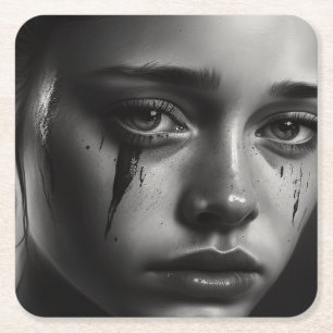 Girl with tears square paper coaster