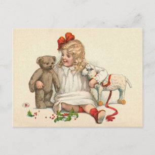 Girl with Teddy and Lamb Postcard