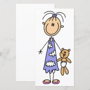 Girl With Teddy Bear Stick Figure Girls Flat Card