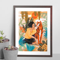 Girl with tiger sunset jungle