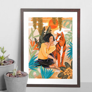 Girl with tiger sunset jungle poster