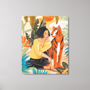 Girl with tiger sunset jungle poster canvas print