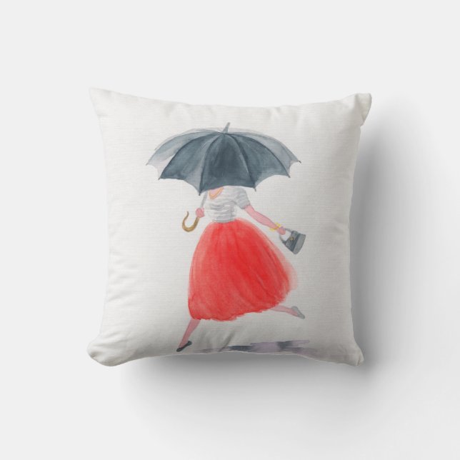 Girl with umbrella in rain. fashion illustration.  cushion (Front)