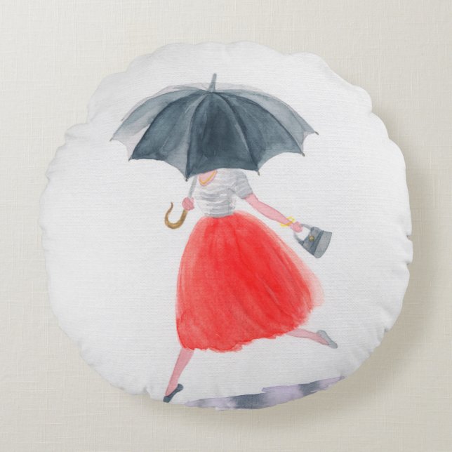 Girl with umbrella in rain. fashion illustration.  round cushion (Front)