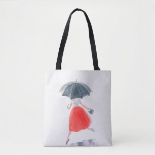 Girl with umbrella in rain. fashion illustration.  tote bag