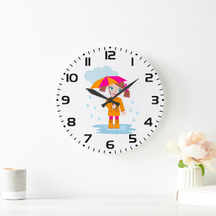 Girl with Umbrella in Rain Kids Rainy Day Large Clock
