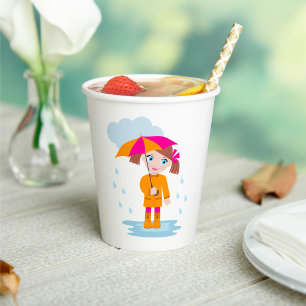 Girl with Umbrella in Rain Kids Rainy Day Paper Cups