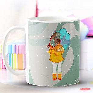 Girl with Umbrella in Wind Drawing Green Swirl Coffee Mug