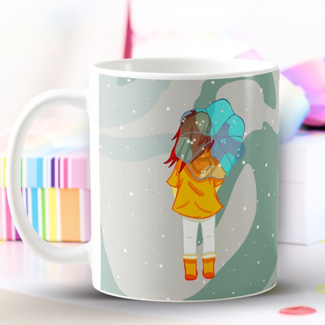Girl with Umbrella in Wind Drawing Green Swirl Coffee Mug (Creator Uploaded)
