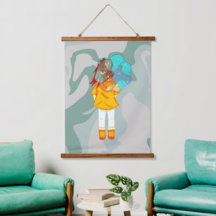 Girl with Umbrella in Wind Drawing Green Swirl Hanging Tapestry
