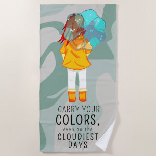 Girl with Umbrella in Wind Positive Quote Beach Towel