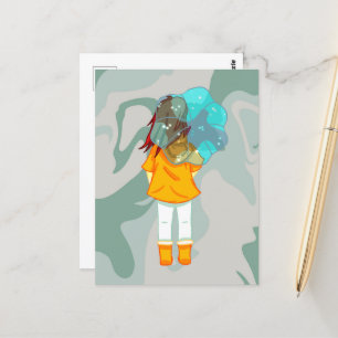 Girl with Umbrella in Wind Rain Green Swirl Postcard