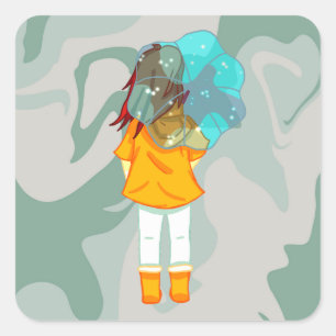 Girl with Umbrella in Wind Rain Green Swirl Square Sticker