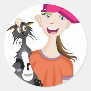 Girl with wet cat classic round sticker