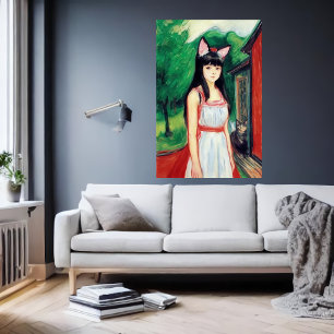 Girl with white dress and cat ears   AI Art  Poster