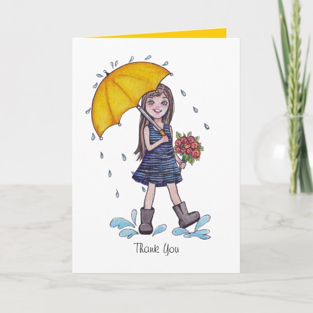 Girl With Yellow Umbrella In Watercolor Card (Front)