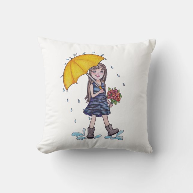Girl With Yellow Umbrella In Watercolor Cushion (Front)