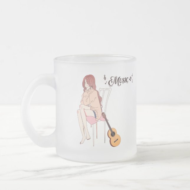 Girl withe guitar,anime girl frosted glass coffee mug (Left)
