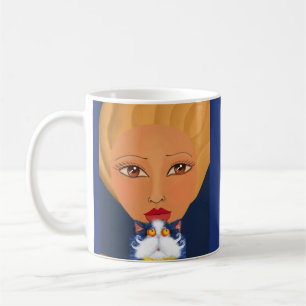 GIRL WOMAN WITH CAT ART COFFEE MUGS