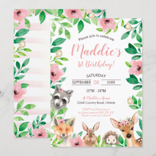 Girl Woodland 1st Birthday Invitation Animals