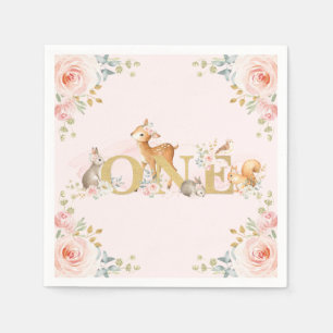 Girl Woodland 1st Birthday Pink Gold Floral Napkin
