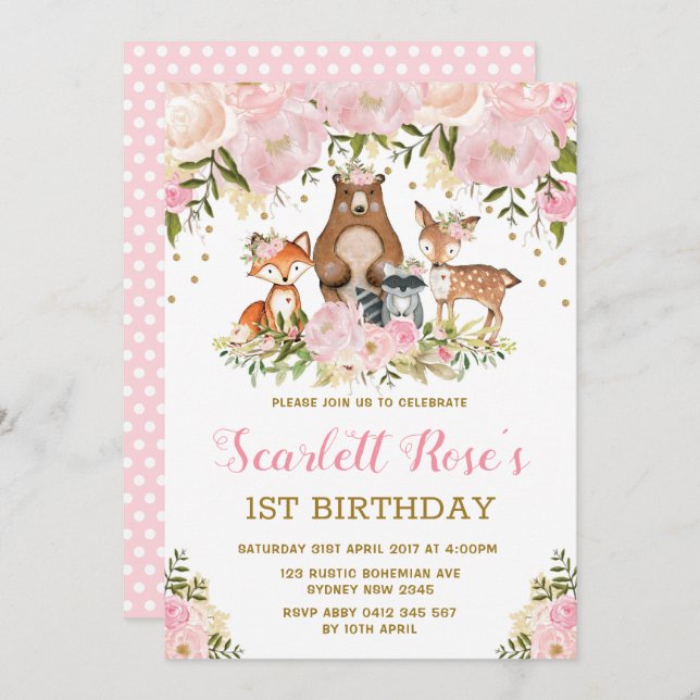Girl Woodland 1st Birthday Pink Gold Floral Party Invitation (Front/Back)