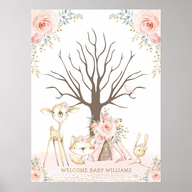 Girl Woodland 1st Birthday Thumbprint Guestbook (Front)