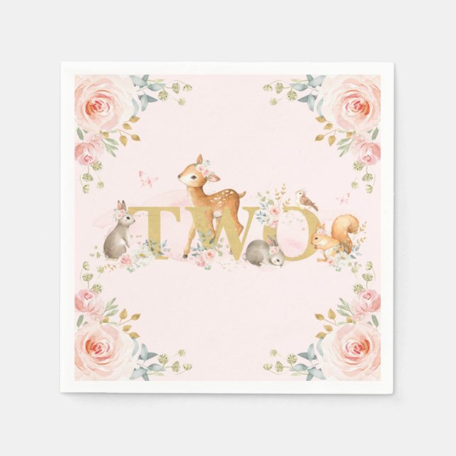 Girl Woodland 2nd Birthday Pink Gold Floral Napkin (Front)