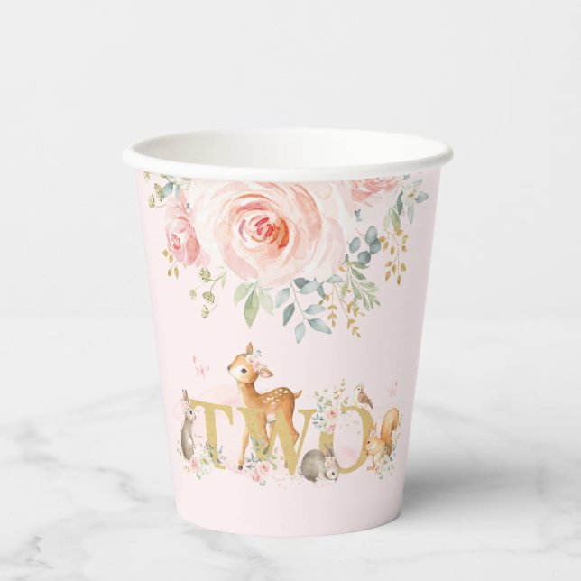Girl Woodland 2nd Birthday Pink Gold Floral Party Paper Cups (Front)