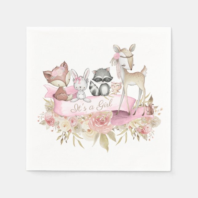 Girl Woodland Animal Baby Shower Napkin (Front)