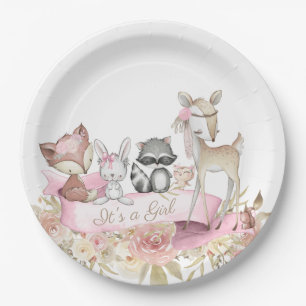 Girl Woodland Animal Baby Shower Paper Plate