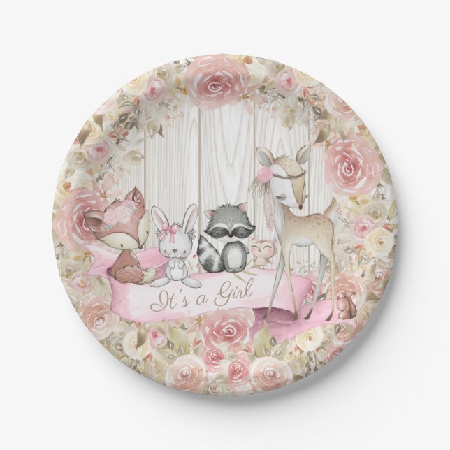 Girl Woodland Animal Baby Shower Paper Plate (Front)
