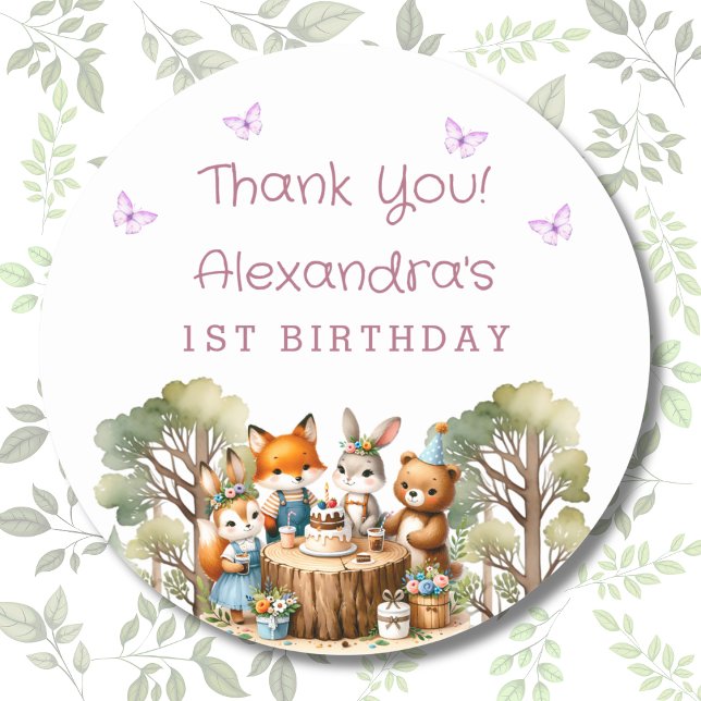 Girl Woodland Animals 1st Birthday Thank You  Classic Round Sticker (Creator Uploaded)