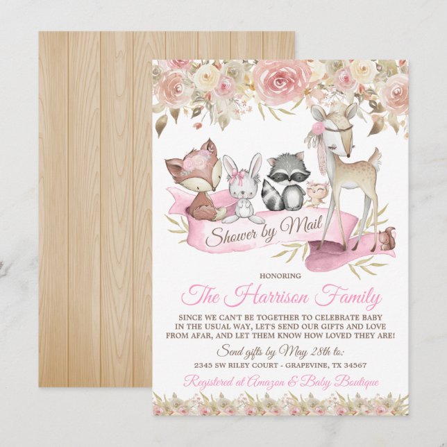 Girl Woodland Animals Baby Shower By Mail Invitation (Front/Back)