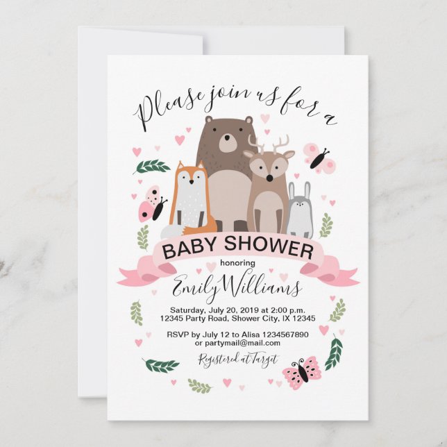 Girl Woodland Animals Baby Shower Invitation (Front)