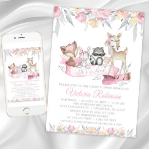 Girl Woodland Animals Baby Shower Invitation