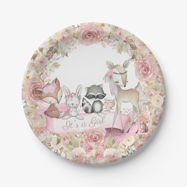 Girl Woodland Animals Baby Shower Paper Plate (Front)