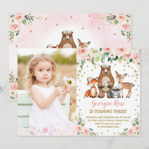 Girl Woodland Animals Birthday Peach Blush Floral Invitation