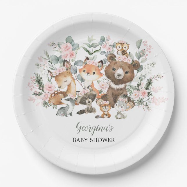 Girl Woodland Animals Eucalyptus Roses Baby Shower Paper Plate (Front)