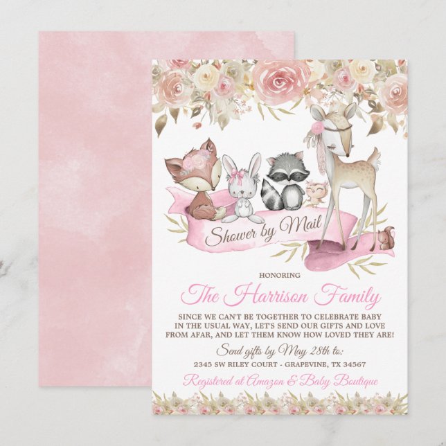 Girl Woodland Animals Mail Virtual Baby Shower Invitation (Front/Back)